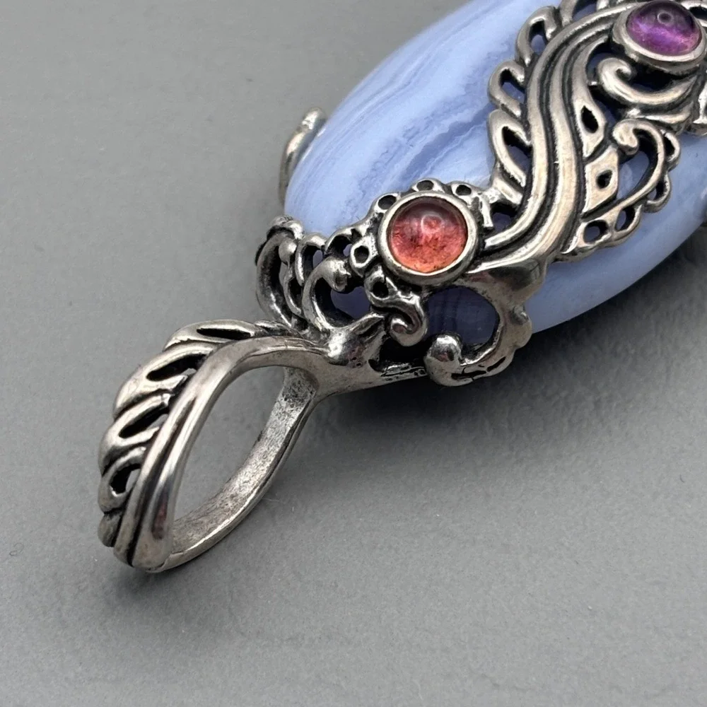 Vintage Carolyn Pollack Relios Sterling Blue Lace Agate Pendant 2.5